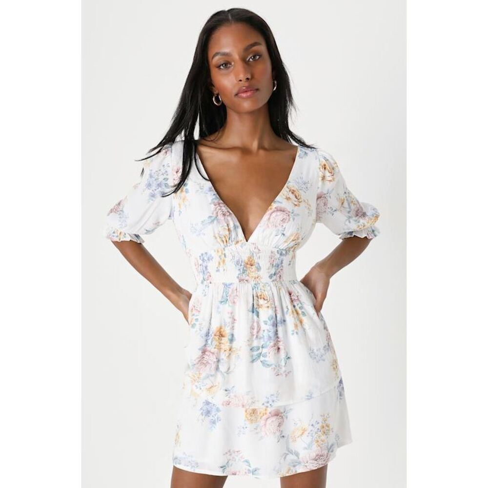 Lulus Blooming Feelings White Floral Print Puff Sleeve Mini Dress - Size M
